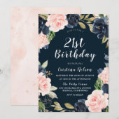 Invitation Marine Blush Floral Wreath 21e fête d'anniversaire (Devant / Derrière)
