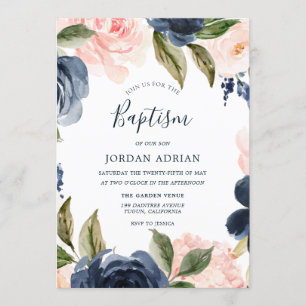 Invitation Marine & Blush Floral Wreath Garçon Ou Filles Bapt