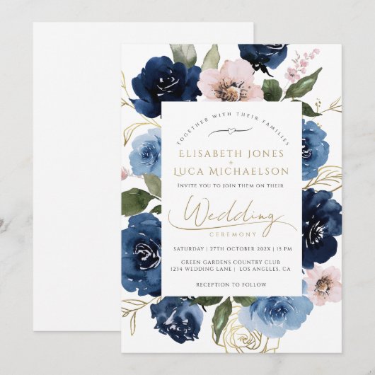 Invitation Marine Blush Gold Florals Botanique Bleu Mariage (Devant / Derrière)