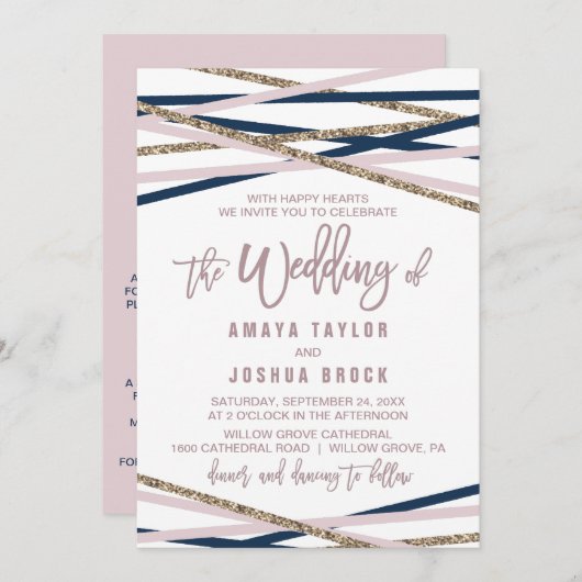 Invitation Marine Blush & Gold Streamers Détail sur Mariage a (Devant / Derrière)