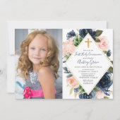 Invitation Marine blush or floral First Holy Communion photo (Devant)