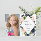 Invitation Marine blush or floral First Holy Communion photo (Debout devant)