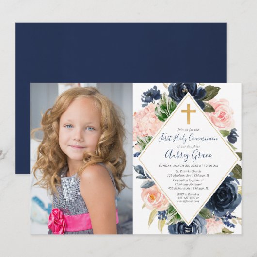 Invitation Marine blush or floral First Holy Communion photo (Devant / Derrière)