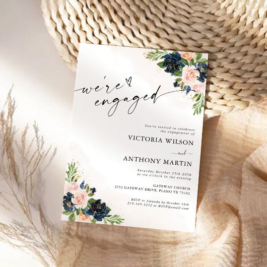 Invitation Marine & Blush Pink Floral Nous sommes engagés Inv