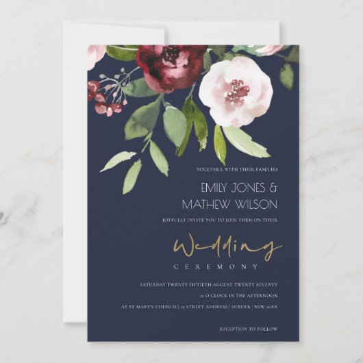 INVITATION MARINE BLUSH ROSE BURGUNDY PEONY MARIAGE FLORAL (Devant)