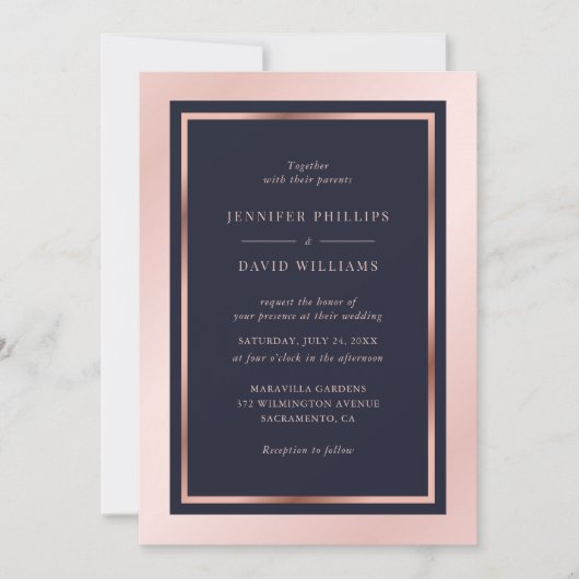 Invitation Marine Blush Rose Rose Or moderne Cadre Mariage (Devant)