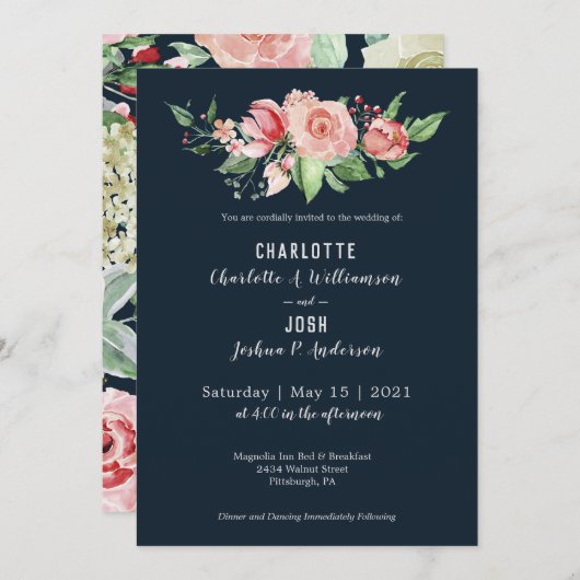 Invitation Marine Blush Roses Ferme Boho Mariage (Devant / Derrière)