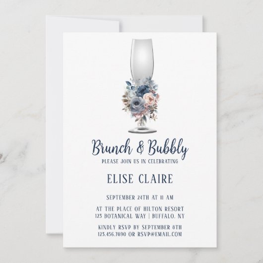 Invitation Marine Blush Roses Roses Rose Bleu Brunch & Bubbly (Devant)