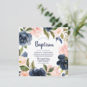 Invitation Marine Blush Watercolor Flowers Garçon Fille Baptê (Debout devant)