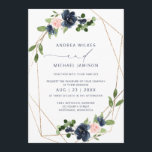 Invitation Marine & Blush Wedding Inviter Faux Foil Géométriq<br><div class="desc">Ce faire-part de mariage branché associe un cadre géométrique de feuille d'or imitation moderne à l'eucalyptus aquarelle et bouquets de mariées bleu marine et rose roux. Associé à un magnifique script aéré et à une police sans serif propre,  ce faire-part de mariage saura séduire tous vos invités !</div>