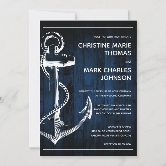 Invitation Marine Bois Nautical Ship Ancre Mariage (Devant)