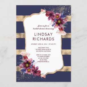 Invitation Marine Bourgogne et Fête des mariées Florale d'or