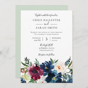 Invitation Marine Bourgogne & Fleurs blanches Mariage élégant