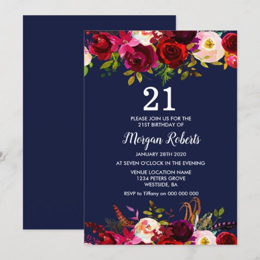 Invitation Marine Bourgogne Floral 21e anniversaire Invitatio (Devant / Derrière)