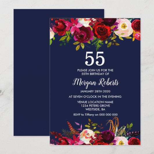 Invitation Marine Bourgogne Floral 55E Anniversaire Invitatio (Devant / Derrière)
