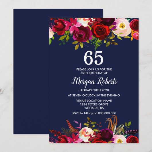 Invitation Marine Bourgogne Floral 65E Anniversaire Invitatio (Devant / Derrière)