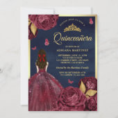 Invitation Marine Bourgogne Robe Florale Papillon Quinceanera (Devant)