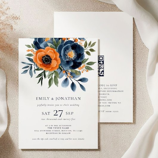 Invitation Marine Brûlé Orange Aquarelle Florals QR Mariage