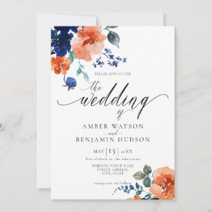 Invitation Marine Brûlé Orange Floral Boho Élégant Mariage