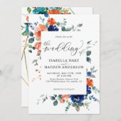 Invitation Marine Brûlé Orange Floral Fleurs Mariage Boho (Devant / Derrière)