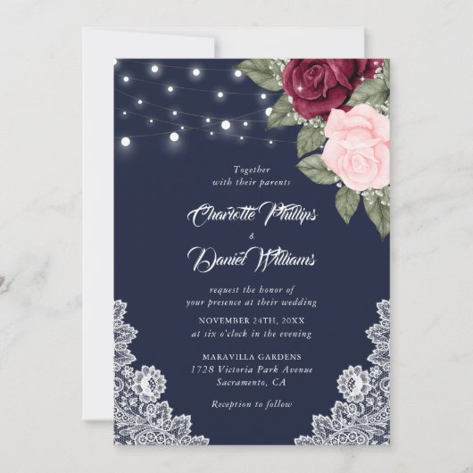 Invitation Marine Burgundy Blush Russe dentelle Mariage flora (Devant)