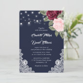 Invitation Marine Burgundy Blush Russe dentelle Mariage flora (Debout devant)