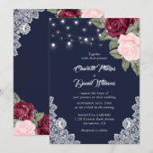 Invitation Marine Burgundy Blush Russe dentelle Mariage flora (Devant / Derrière)