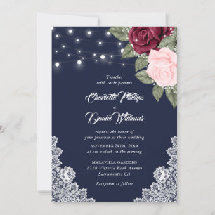 Invitation Marine Burgundy Blush Russe dentelle Mariage flora