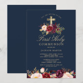Invitation Marine Burgundy Cross Boys Première communion (Devant / Derrière)