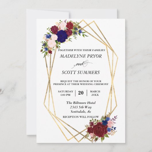 Invitation Marine Burgundy Gold Frame Mariage (Devant)