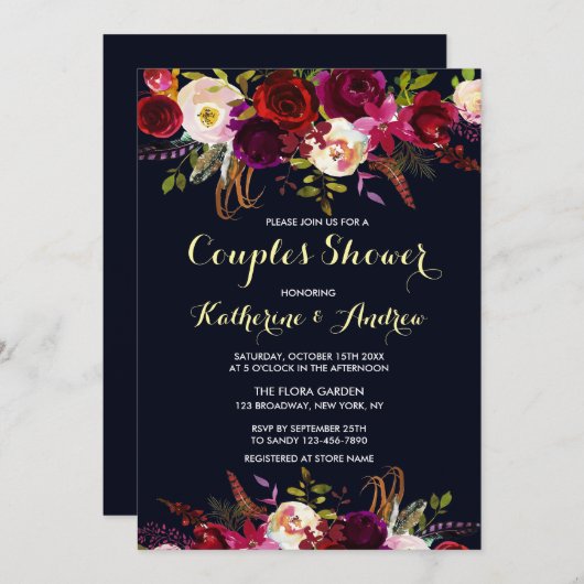 Invitation Marine Burgundy Marsala Boho Floral Couples Douche (Devant / Derrière)