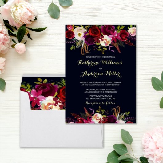 Invitation Marine Burgundy Marsala Boho Floral Mariage d'auto