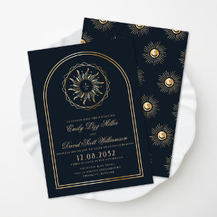 Invitation Marine Céleste Bleu Monogramme Or Boho