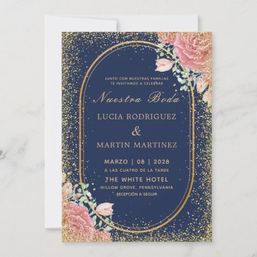 Invitation Marine Chic Floral Gold cadre Parties scintillant  (Devant)