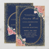 Invitation Marine Chic Floral Gold cadre Parties scintillant  (Devant / Derrière)