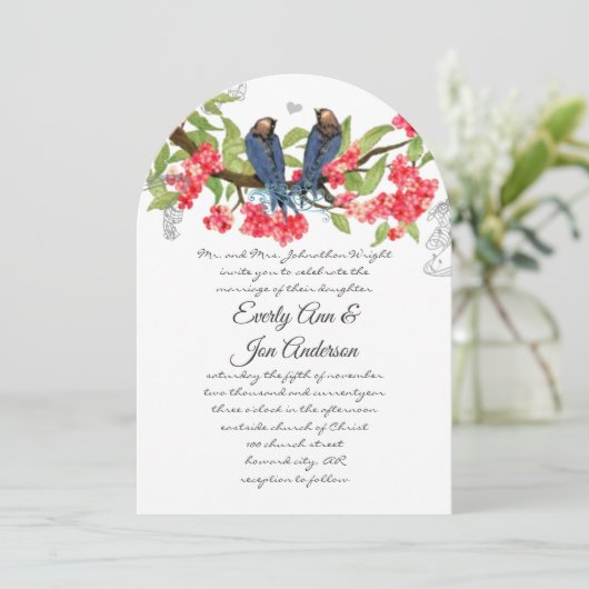 Invitation Marine Coral rose Lovebird Forest Fairytale Mariag (Debout devant)