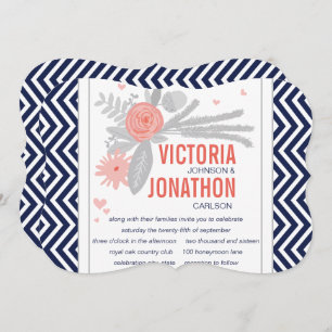 Invitation Marine corallienne et Gris Zig Zag Mariage romanti