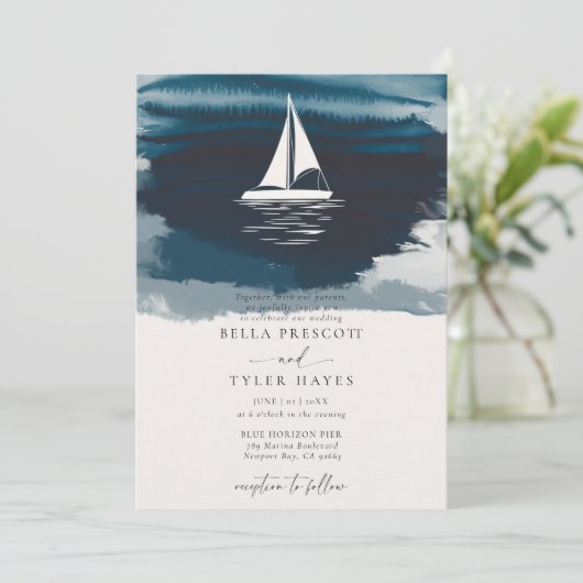 Invitation Marine Côtière Ocean Beach Voilier Mariage élégant (Debout devant)