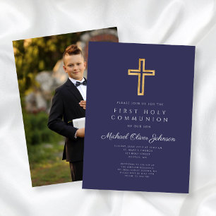 Invitation Marine Croix Bleue Boy Photo First Communion