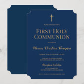 Invitation Marine Croix d'or bleu Boy Première communion sain (Devant / Derrière)