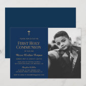 Invitation Marine Croix d'or bleu Boy Première communion sain (Devant / Derrière)