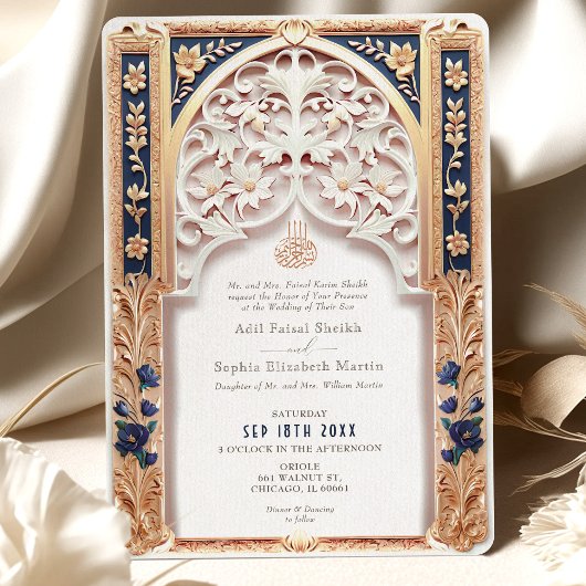 Invitation Marine de luxe Mariage islamique bleu Arabesque