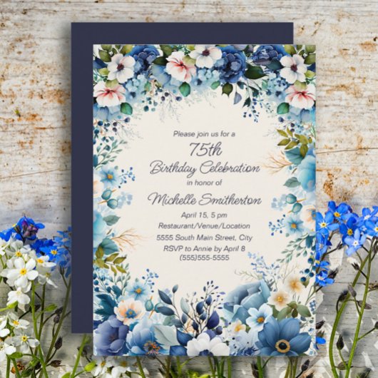 Invitation Marine Dusty Bleu Blanc Floral 75e anniversaire