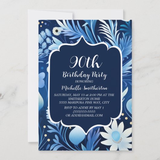 Invitation Marine Dusty Blue Floral 90e anniversaire (Devant)