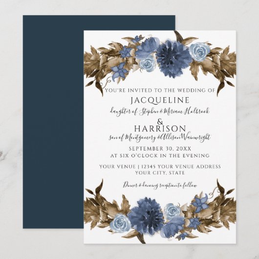Invitation Marine Dusty Blue Floral Automne Sepia Mariage ver (Devant / Derrière)