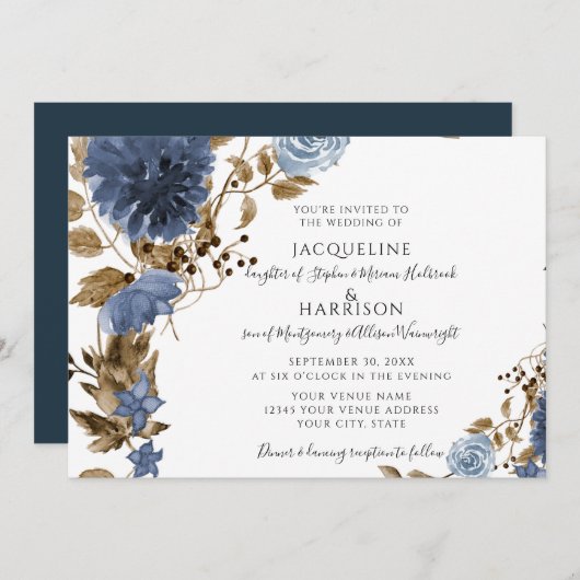 Invitation Marine Dusty Blue Floral Terrain Mariage (Devant / Derrière)