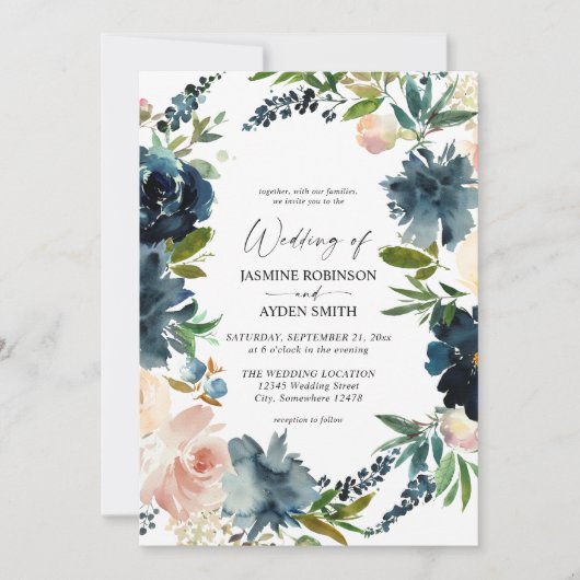 Invitation Marine, Dusty Blue & Pink Floral 2 Mariage (Devant)
