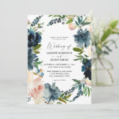 Invitation Marine, Dusty Blue & Pink Floral 2 Mariage (Debout devant)