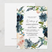 Invitation Marine, Dusty Blue & Pink Floral 2 Mariage (Devant / Derrière)