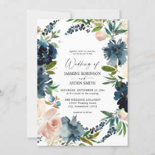 Invitation Marine, Dusty Blue & Pink Floral 2 Mariage